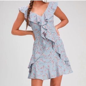 Lulu's Radiant Rosa Blue Floral Ruffled Dress Size Small
